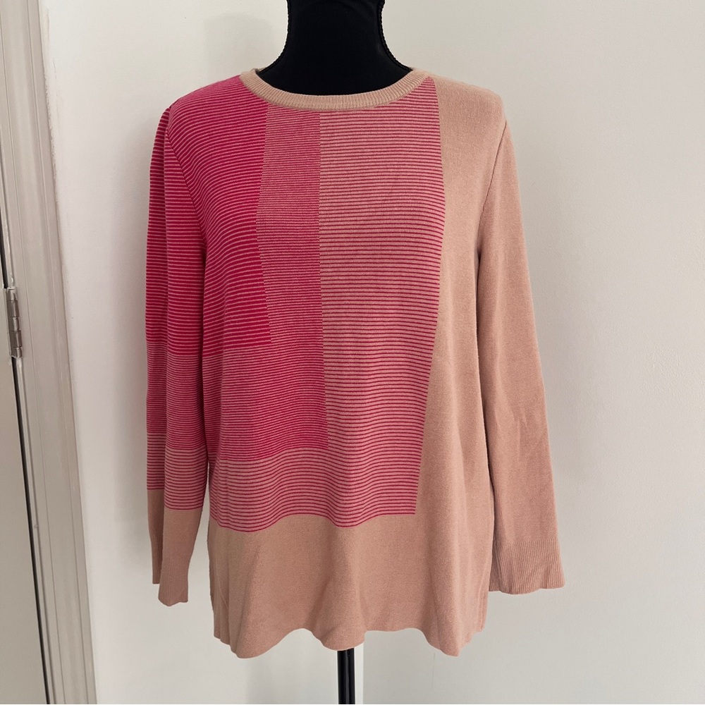 Misook Colorblock Striped Knit Sweater – Pink & Beige – Size M